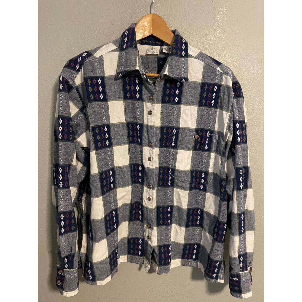 VTG Cascade Blues Shirt Womens Large Blue Plaid Flannel Long Sleeve Button Up